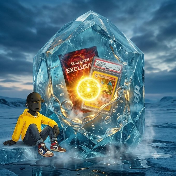 A stylized digital artwork of a person in a yellow hoodie and sneakers sitting beside a giant block of ice containing a 'SOLFLARE EXCLUSIVE' trading card, with a glowing sun emblem in a snowy landscape.