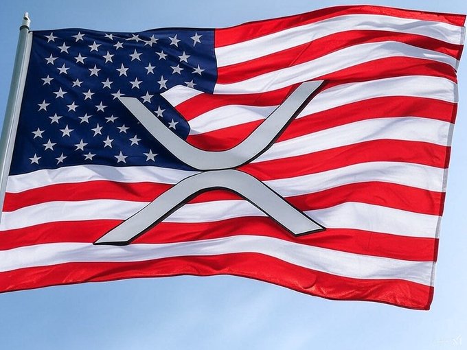 The image shows an American flag overlaid with the XRP cryptocurrency logo, symbolizing U.S. regulatory and political developments surrounding the digital asset. It ties to news that lawyer Fred Rispoli states XRP would need to reach $5 in value to be considered for inclusion in a U.S. strategic reserve.