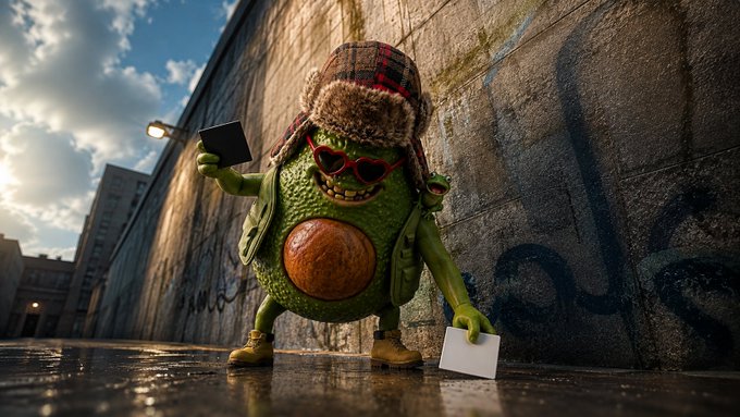 A 3D-rendered anthropomorphic avocado character wearing a furry winter hat with ear flaps, red sunglasses, a green vest, and brown boots, standing in an alleyway holding a smartphone and a white card or piece of paper.