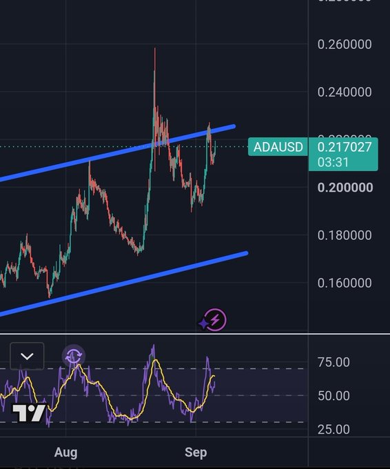 A financial chart of ADA/USD with an ascending channel pattern, showing price action between August and September with an RSI indicator below.