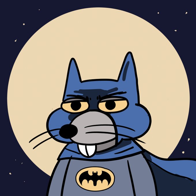 An illustration of a cartoon cat dressed as Batman, with the Batman logo on its chest, standing in front of a large full moon in a starry night sky.