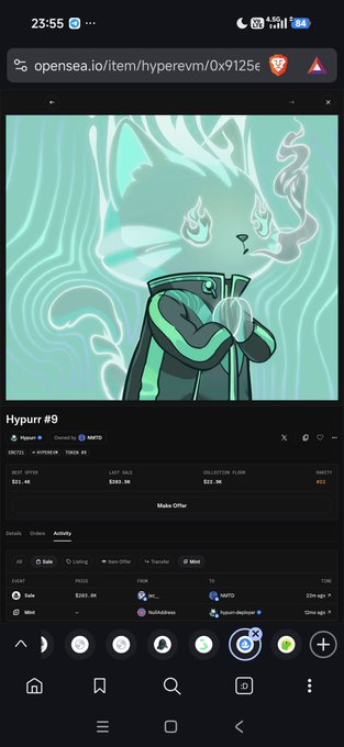 OpenSea NFT listing page for Hypurr #9 showing details including best offer and last sale price.