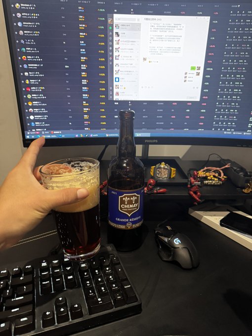 A hand clinks a glass of Chimay Grande Réserve beer against a bottle on a desk in front of a computer displaying crypto market charts, as the post reflects on hard-earned lessons from the crypto world about trusting human nature over the promise of "100x coins."