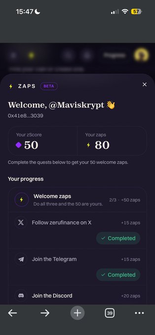 The image shows a ZAPS welcome screen for user "@NucleusCodes" (0x41e8...3039) displaying a zScore of 50 and 80 zaps earned, with quests to earn additional zaps by following Zerufinance on X, joining Telegram, and joining Discord. This relates to the post by showcasing the ZAPS platform that tracks past trading activity on wallets, with the user excited about discovering Zerufinance as the wallet intelligence project behind these rewards.