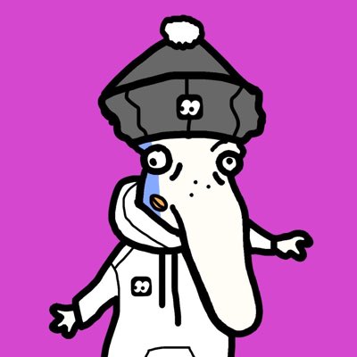 A cartoon drawing of a sad, crying character with a long nose wearing a gray beanie and white hoodie on a bright pink background.