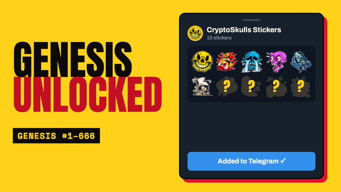 A bright yellow promotional graphic with the text 'GENESIS UNLOCKED' and 'GENESIS #1-666', featuring a dark panel showing 'CryptoSkulls Stickers' including a smiley face skull and several mystery items.