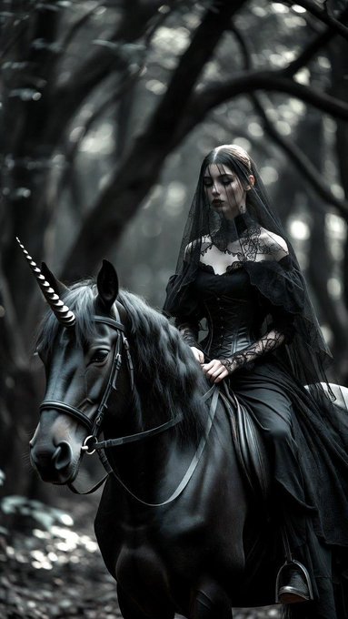A gothic fantasy digital illustration of a pale woman with long black hair and a black lace dress riding a black unicorn with a silver horn through a dark forest.