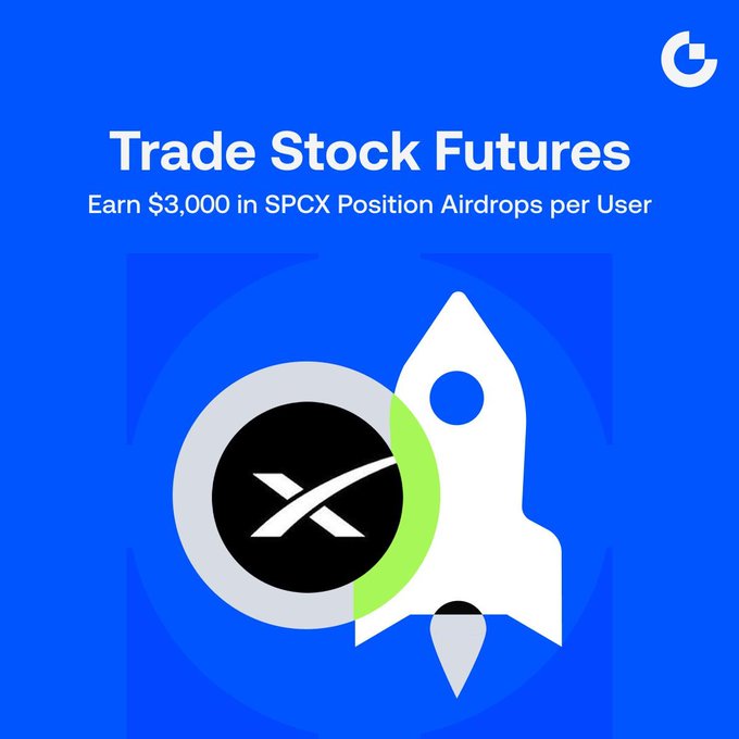 A promotional graphic with a blue background featuring the text "Trade Stock Futures - Earn $3,000 in $PCX Position Airdrops per User" alongside a logo combining an "X" in a circle and a white rocket ship.