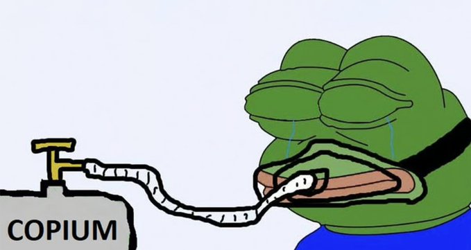 The image shows the "Pepe the Frog" cartoon character, depicted crying with tears streaming down his face while inhaling through a long hose connected to a tank labeled "COPIUM," visually embodying the phrase "your daily dose of copium."