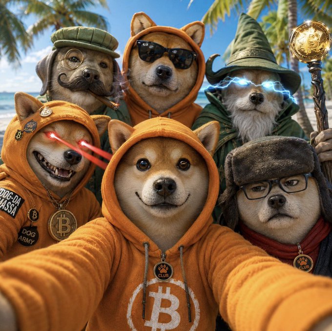 The image features a group of five dogs wearing hoodies, with one dog wearing an orange hoodie that has "B" written on it. The dogs are standing close together, posing for a photo. In the background, there's a beach scene with palm trees and a blue sky. The caption to the image reads: "$dog Army is going to moon and it will be coming very very soon".