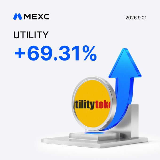 The image is a promotional graphic from MEXC dated 2026.9.01, featuring the text "UTILITY +69.31%" alongside a yellow token labeled "tilitytoke" and a large blue upward arrow, visually highlighting the $UTILITY token's surge on the platform.
