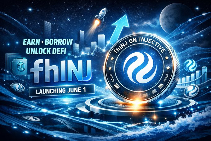 The image features an advertisement for a new cryptocurrency called fhINJ, which stands for "FhINj" being the name of the coin. The background of the image is blue with stars and planets, creating a futuristic atmosphere. The text in the image reads "Emp-borrow Unlock DeFi Earn reward", indicating that users can earn rewards by lending their tokens to the fhINJ project. The post also mentions that the launch date for fhINJ has been moved from June 1st to June 1st, and it highlights how the coin flips the traditional cryptocurrency landscape on its head.