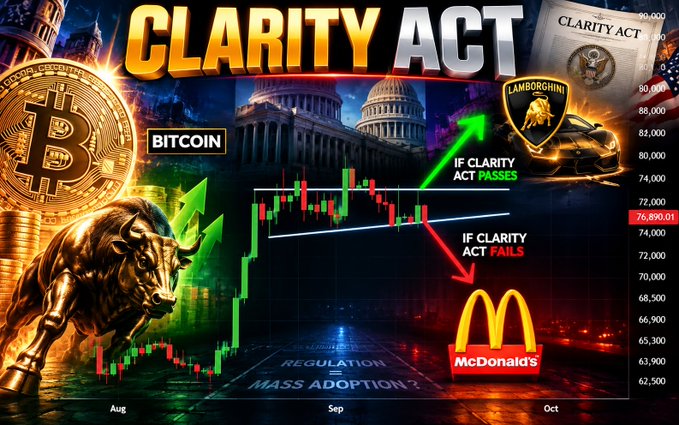 A dramatic financial graphic titled "CLARITY ACT" shows a Bitcoin candlestick chart projecting two outcomes: a bullish path labeled "IF CLARITY ACT PASSES" with green arrows pointing toward a Lamborghini, and a bearish path labeled "IF CLARITY ACT FAILS" with red arrows pointing toward McDonald's. The chart spans August through October with Bitcoin priced around $76,890, symbolizing the high-stakes regulatory decision and its implications for mass adoption and crypto market direction.