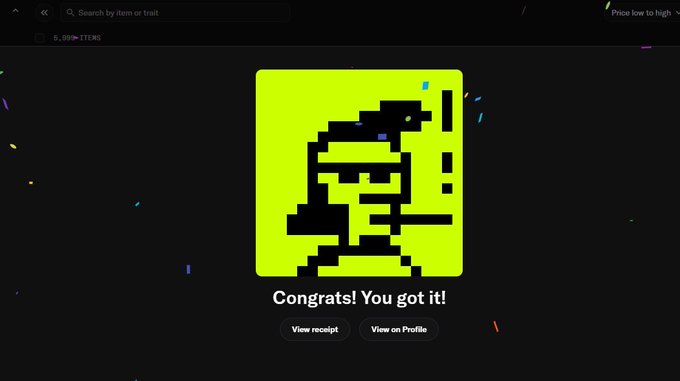 A celebration screen displaying 'Congrats! You got it!' with a pixelated character art in green and black, alongside options to view receipt or profile.