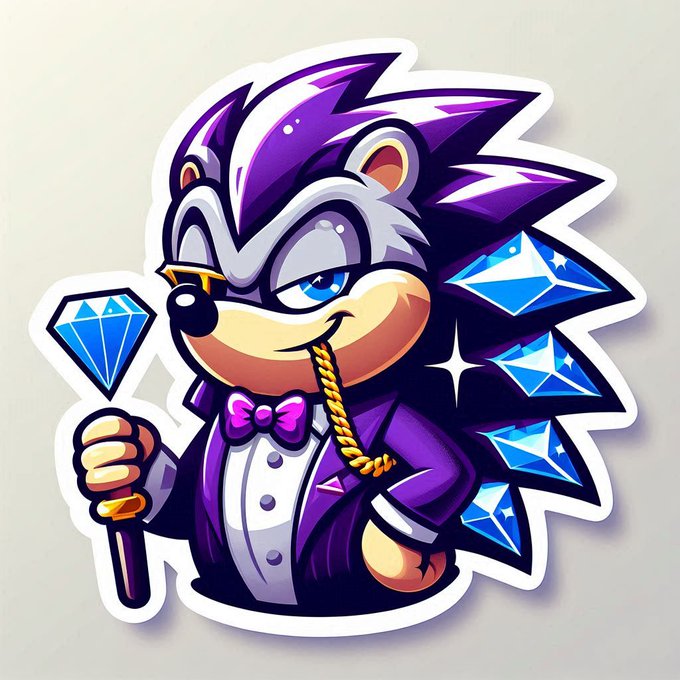 A cartoon sticker illustration of a purple and white anthropomorphic hedgehog character wearing a tuxedo with a bow tie, holding a diamond-topped cane, surrounded by floating blue diamonds.