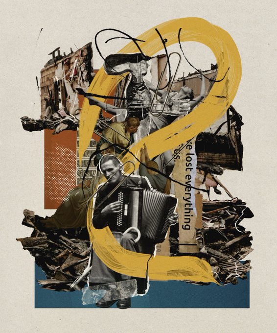 An artistic collage featuring a man playing an accordion amid rubble and war imagery, overlaid with bold yellow brushstrokes and the text 'You lose everything'.
