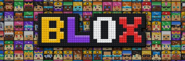 The colorful 'BLOX' logo made of pixelated letters stands out against a background filled with numerous small, blocky character faces.