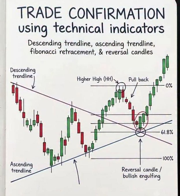 An educational diagram titled 'TRADE CONFIRMATION using technical indicators' illustrating a candlestick chart with descending trendline, ascending trendline, Higher High, pull back, Fibonacci retracement levels (0%, 61.8%, 100%), and a 'Reversal candle / bullish engulfing' pattern.