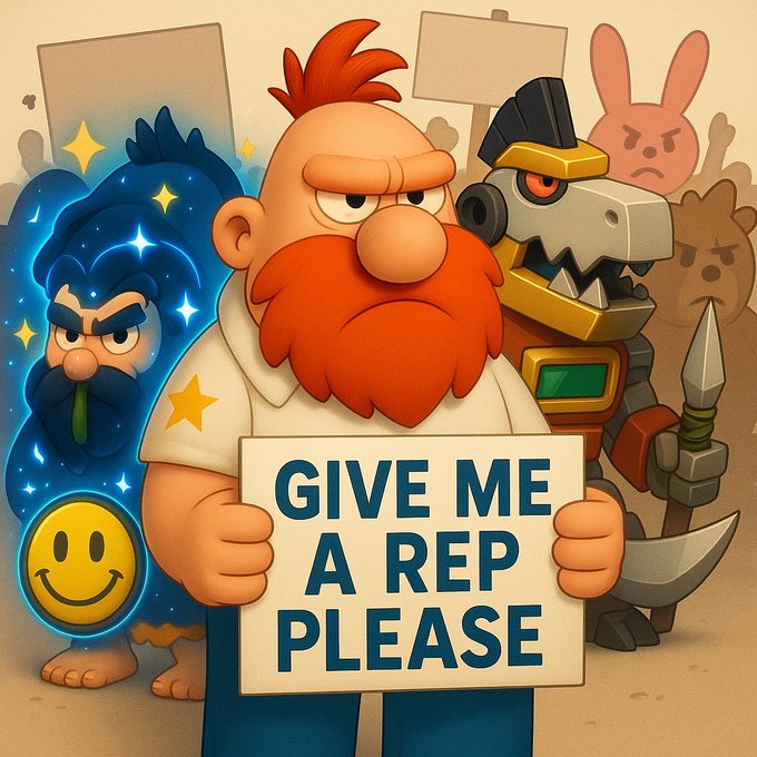 A cartoon character with an orange beard and hair holding a sign that reads 'GIVE ME A REP PLEASE', flanked by a glowing blue figure with a smiley face and a mechanical robot with a weapon.