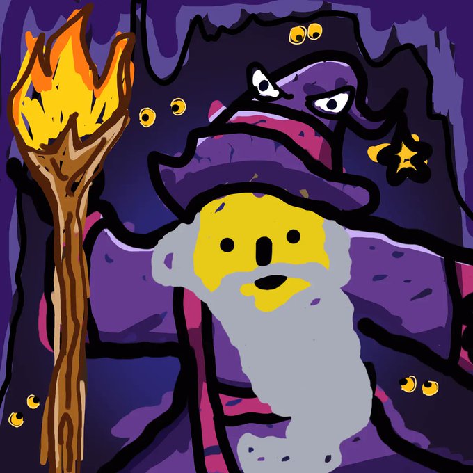 A cartoon-style digital illustration depicts a yellow-faced character with a white beard holding a flaming torch, surrounded by a shadowy purple figure and floating yellow eyes.