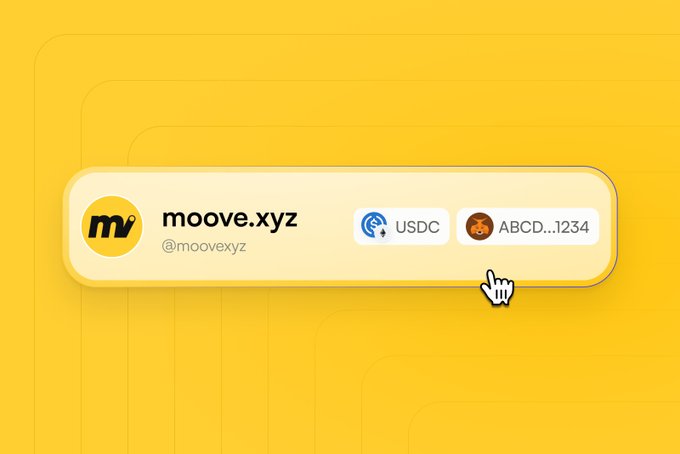 A yellow-themed graphic displaying a user profile for 'moove.xyz' (@moovexyz) alongside a USDC payment icon and an account address labeled 'ABCD...1234', with a cursor pointing at it.