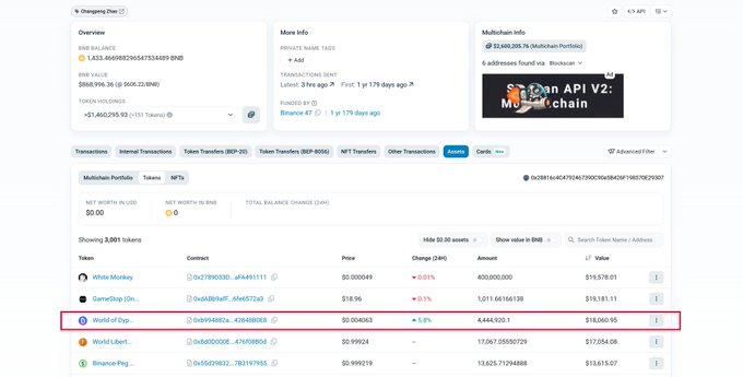A blockchain explorer interface on 'bscscan.com' displays an overview for an address, highlighting a 'World of Dyp...' transaction token with a 0.8% change.