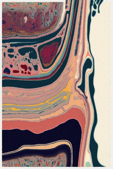 An abstract marbled artwork featuring flowing, organic layers of pink, navy, peach, and yellow creating a topographic or liquid effect.