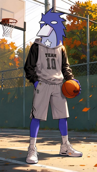 Anime-style illustration of Mordecai from Regular Show in a 'TEAM 10' basketball uniform holding a basketball on an outdoor court.