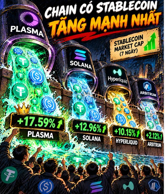 A vibrant promotional graphic with Vietnamese text 'CHAIN CÓ STABLECOIN TĂNG MẠNH NHẤT', showing growth percentages for blockchain chains: Plasma (+17.59%), Solana (+12.96%), Hyperliquid (+10.15%), and Arbitrum (+2.12%).