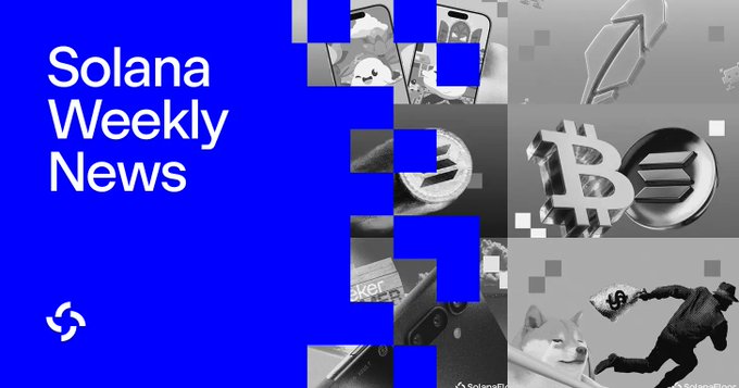 A graphic titled "Solana Weekly News" with the accent color blue on the left and a grayscale photo collage on the right showing images from the headlines including: phones with Solana logos, BTC and SOL coins, and a person sprinting with a Shiba Inu dog.