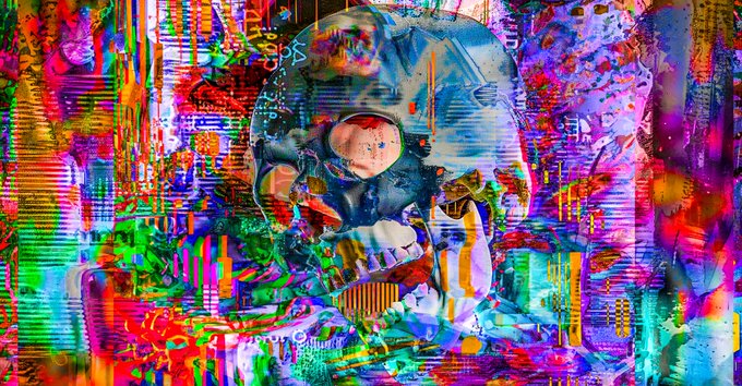 An abstract, glitch-art style digital painting featuring a central figure with a red eye surrounded by vibrant, chaotic colors of purple, blue, green, and red with distorted geometric patterns.
