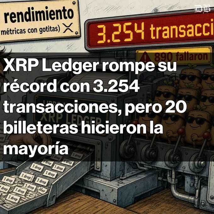 An illustration showing the XRP Ledger with Spanish text reading 'XRP Ledger rompe su récord con 3.254 transacciones, pero 20 billeteras hicieron la mayoría', alongside a 'rendimiento métricas con gotitas' sign and a display showing '3.254 transacc' and '890 fallaron'.