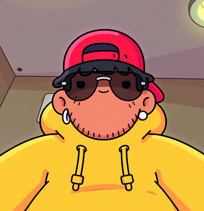 A cartoon-style illustration shows a character wearing a yellow hoodie, red backwards cap, dark sunglasses, and white stud earrings, lying back and looking up at the viewer.