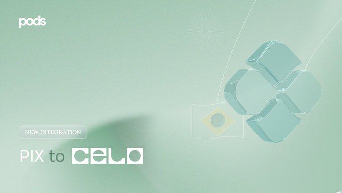 A minimalist green graphic announcing a "NEW INTEGRATION: PIX to CELO" featuring a 3D green logo and a small Brazilian flag icon.