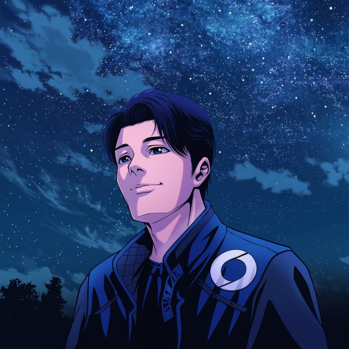 An anime-style illustration of a smiling man with dark hair wearing a dark jacket with a circular emblem, set against a starry night sky.