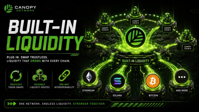 A promotional graphic for Canopy Network highlights its "Built-In Liquidity" feature with the tagline "Plug in. Swap trustless. Liquidity that grows with every chain," showcasing interconnected Canopy Chains alongside Ethereum, Solana, and Bitcoin to illustrate chain-agnostic interoperability that eliminates the need for new blockchains to build liquidity from scratch.