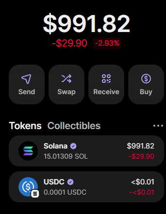 A crypto wallet shows a portfolio balance of $991.82, down $29.90 (-2.93%), with the holdings primarily in 15.01309 SOL ($991.82) and a negligible amount of USDC. The image aligns with the poster's enthusiasm for Solana, as it highlights their largest holding in the SOL token.