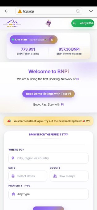 The image shows the BNPI app interface (bnpi.app) displaying the first Booking-Network of Pi with 773,991 BNPI Token Claims and 857.36 BNPI claimed, featuring a "Book Demo-listings with Test-Pi" button and a search form for location, dates, guests, and property type. The screenshot illustrates the post's vision of travel booking on the Pi blockchain, where smart contracts automate the booking, payment, and refund process for a more transparent, frictionless user experience.