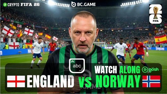 A thumbnail-style image for a sports stream showing a man in a green and black striped shirt in the foreground, with 'CRYPTO FIFA 26', 'BC.GAME', and 'WATCH ALONG' text, and 'ENGLAND VS NORWAY' with English and Norwegian flags at the bottom, with a stadium match in the background.