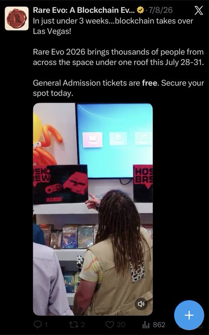 A screenshot of an X (Twitter) post from 'Rare Evo: A Blockchain Event' (dated 7/8/26) promoting Rare Evo 2026 in Las Vegas on July 28-31 with free General Admission tickets, showing a photo of someone with dreadlocks pointing at a display screen with trading cards below.