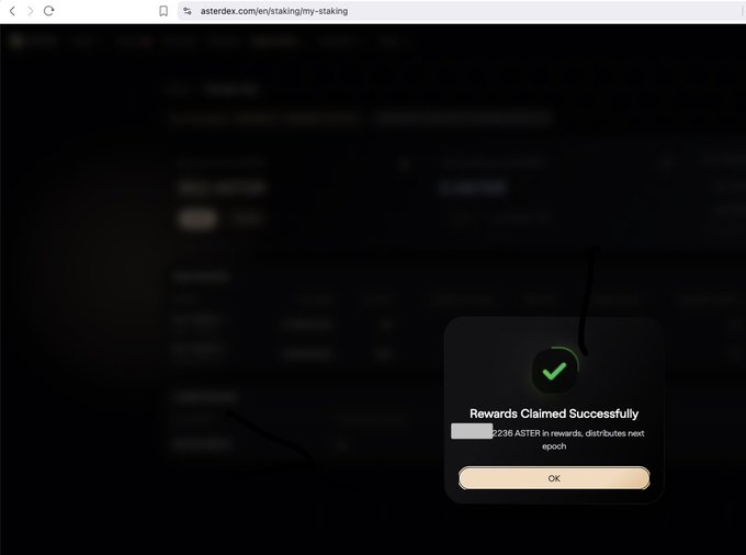 A dark screenshot of the asterdex.com/en/staking/my-staking webpage features a small pop-up notification with a green checkmark reading 'Rewards Claimed Successfully' for 2236 ASTER tokens.