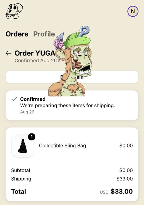 An order confirmation screenshot for an order named 'YUGA' showing a 'Collectible Sling Bag' for $0.00 with $33.00 shipping, overlaid with a sad 'Joker monkey' meme.