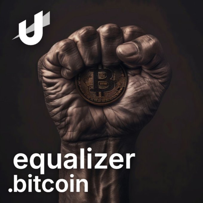 A clenched fist gripping a Bitcoin coin against a dark background, accompanied by the Unstoppable Domains logo and the text "equalizer.bitcoin," promoting the registration of this premium decentralized domain name on the Bitcoin blockchain.