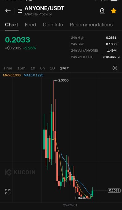 A KuCoin chart for ANYONE/USDT (AnyOne Protocol) shows the token trading at $0.2033 (+2.26%), down sharply from its previous peak of $2.33, with a current low of $0.0494 visible on the 1-month candle chart. The image supports the post's claim that $ANYONE is undervalued at current levels, sitting near a deep discount from its all-time high while the author argues its working product makes it a "steal" alongside the broader privacy coin narrative.