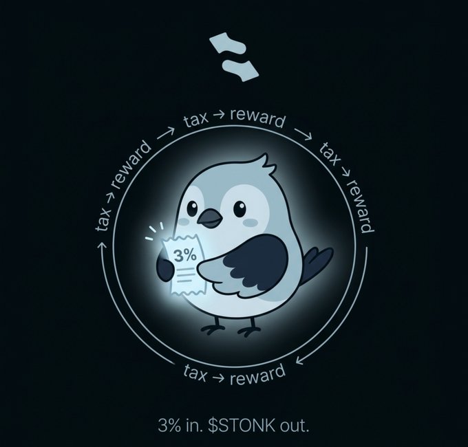 A cartoon bird holds a 3% receipt, encircled by a "tax → reward" loop, with the caption "3% in. $STONK out." — visually illustrating the post's claim that holding $KNOTS automatically collects $STONK rewards via a 3% transaction tax.