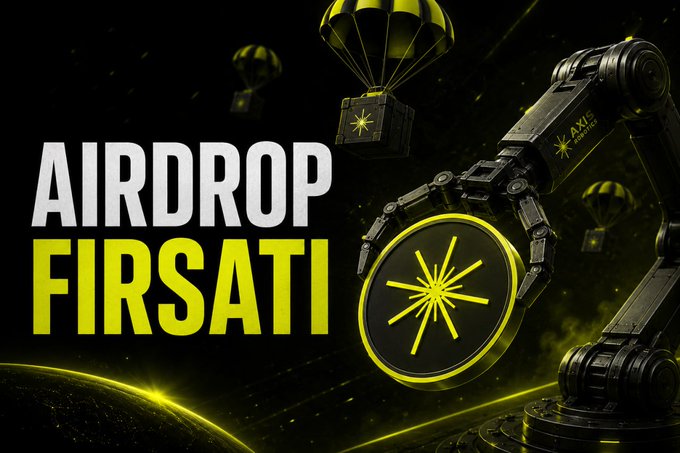A promotional graphic with the text 'AIRDROP FIRSATI' in white and yellow letters, depicting a robotic arm holding a yellow coin beneath a parachute against a dark background.