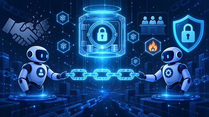 Two blue and white robots stand on either side of a glowing chain in a digital environment, connected to a central safe with a padlock, surrounded by security shields and humanoid figures.
