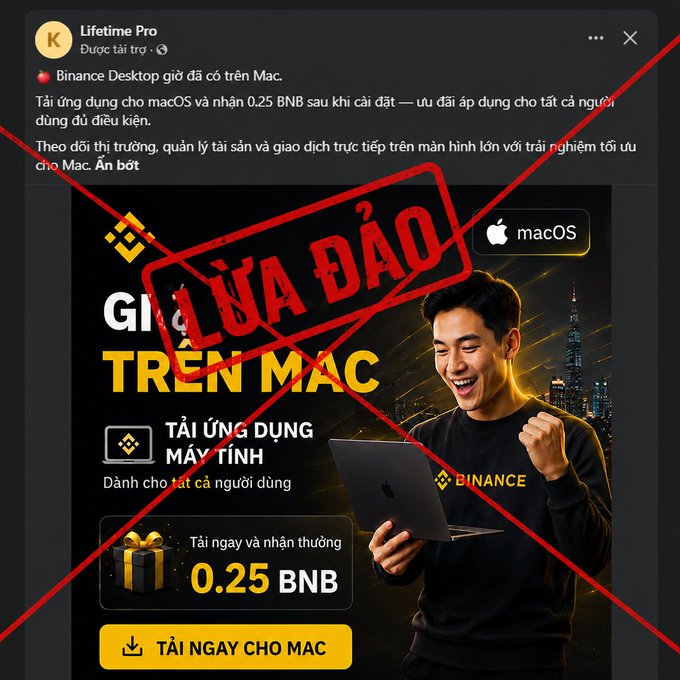 Screenshot of a fake Binance Desktop app advertisement for macOS offering 0.25 BNB, crossed out with a red "LỪA ĐẢO" (scam) stamp.