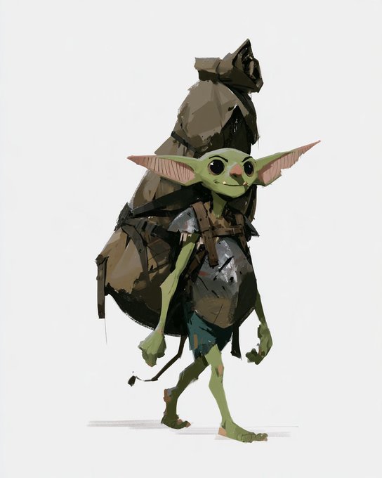 A digital illustration of a small green goblin-like creature with large pointed ears, carrying a large brown sack on its back, wearing a vest and shorts.