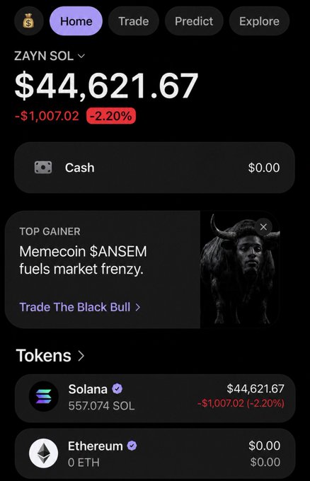 A screenshot of a Solana (ZAYN SOL) wallet showing a balance of $44,621.67, down -$1,007.02 (-2.20%), with 557.074 SOL held and 0 ETH, alongside a promotional banner for "Memecoin $ANSEM — fuels market frenzy." The image is used to support the post's claim of a "blessing" arriving to the wallet, showcasing a high SOL balance as visual proof.